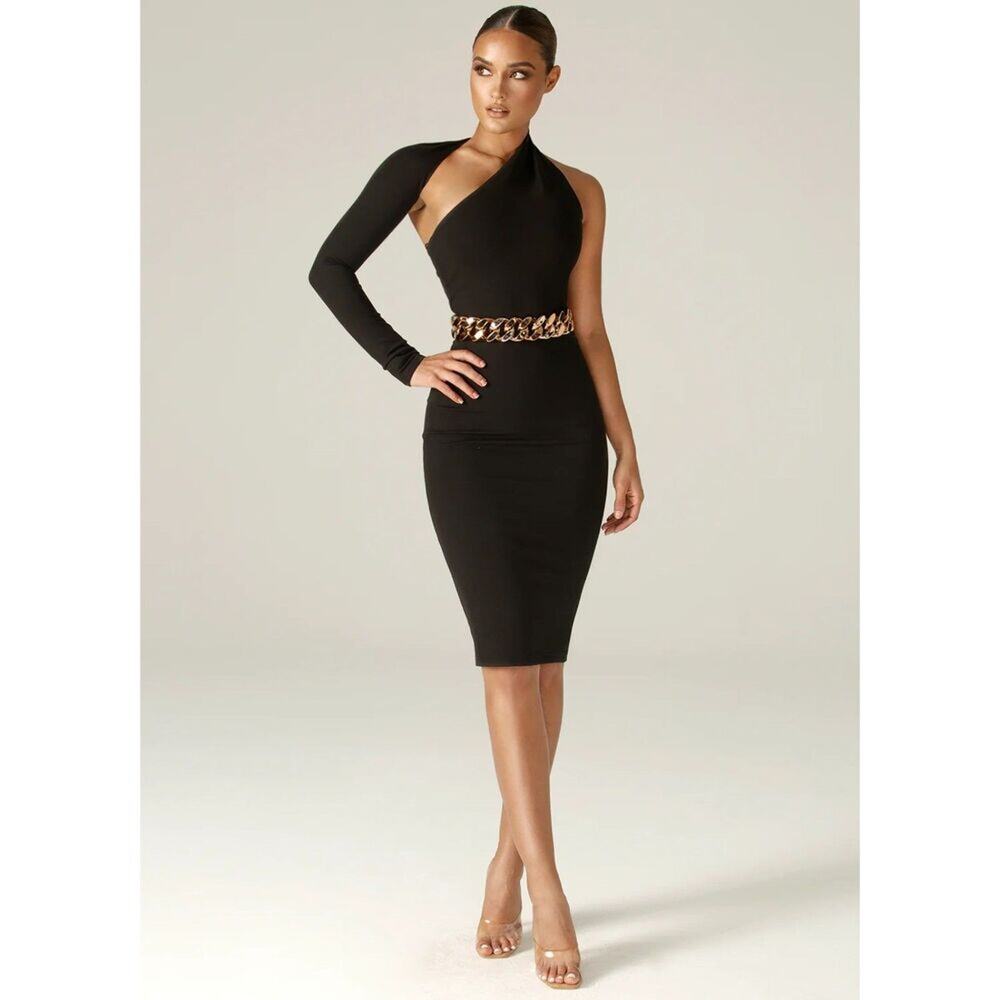 EUC Alieva Dasha Modern Midi Dress Black One Sleeve Bodycon Small Asymmetrical